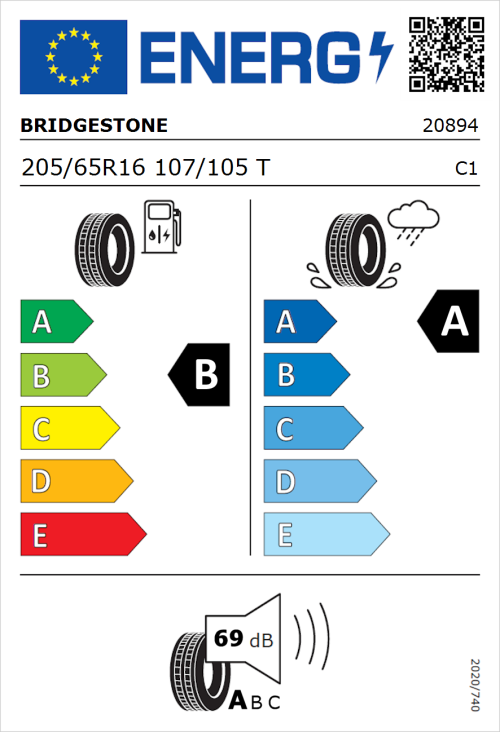 Tyre Label for Bridgestone Duravis Van 205/65R16 107/105T