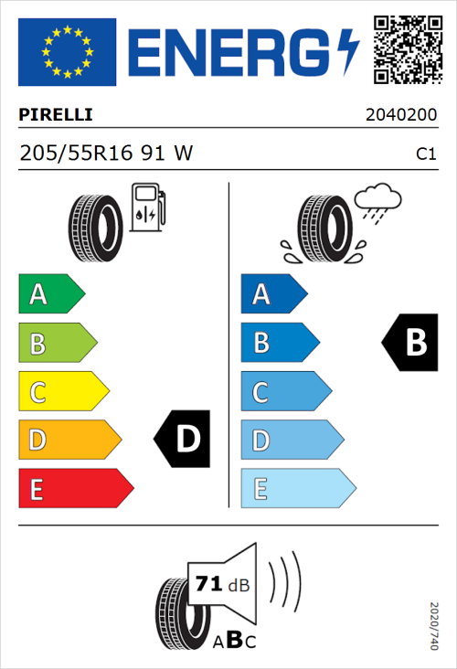 Tyre Label for Pirelli Cinturato P7 Run Flat 205/55R16 91W